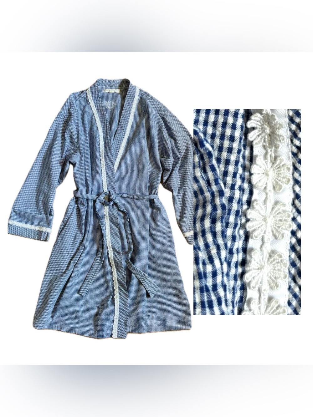Eileen West Gingham Seersucker Robe Size XL Blue White Floral Trim Lightweight